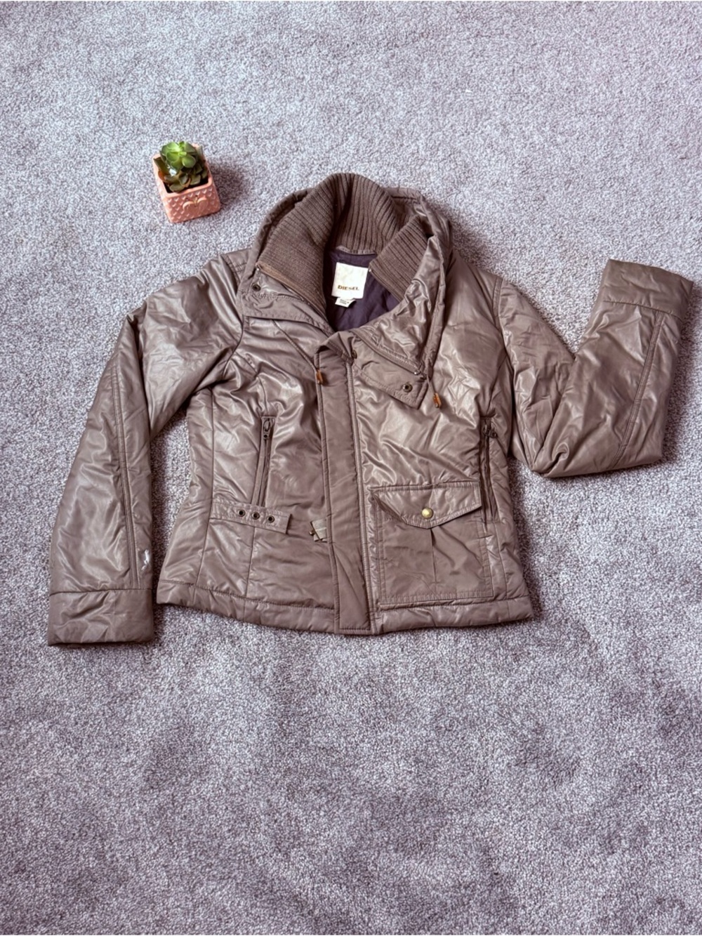 Vintage Diesel Quilted Brown Puffer Jacket with Rib-Trim Collar Rare Y2K